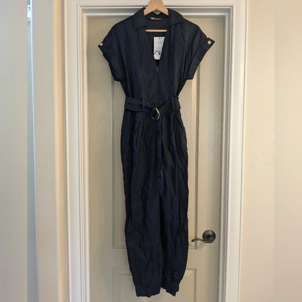 NWT Zara Dark Navy Belted Linen Blend Jumpsuit - Size XS